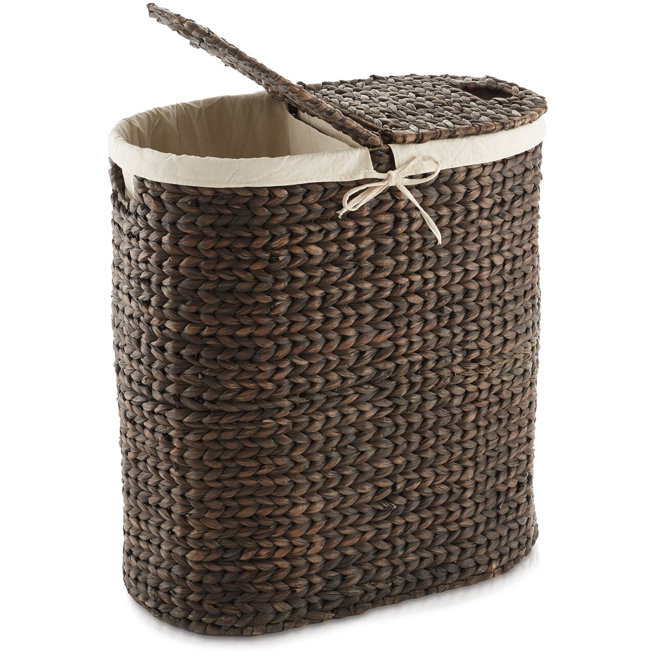 Casafield Oval Laundry Hamper with Lids and Removable Liner Bags, Woven Water Hyacinth 2-Section Laundry Basket Sorter for Clothes and Towels